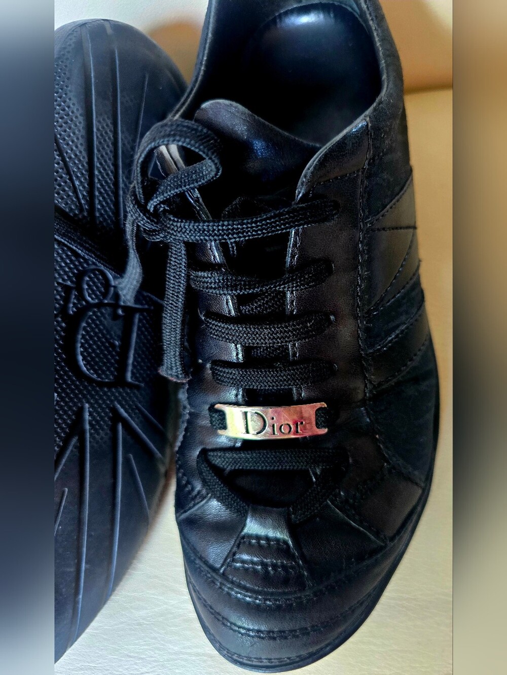 Dior Black Leather Sneakers with Silver Logo Plaques - Picture 2 of 7